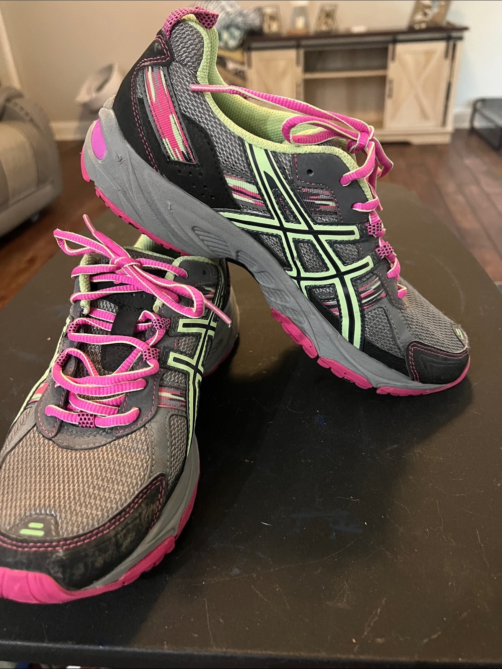 Gel venture 5 ASICS Women's Gray Athletic Sneakers with Pink and Lime Accents